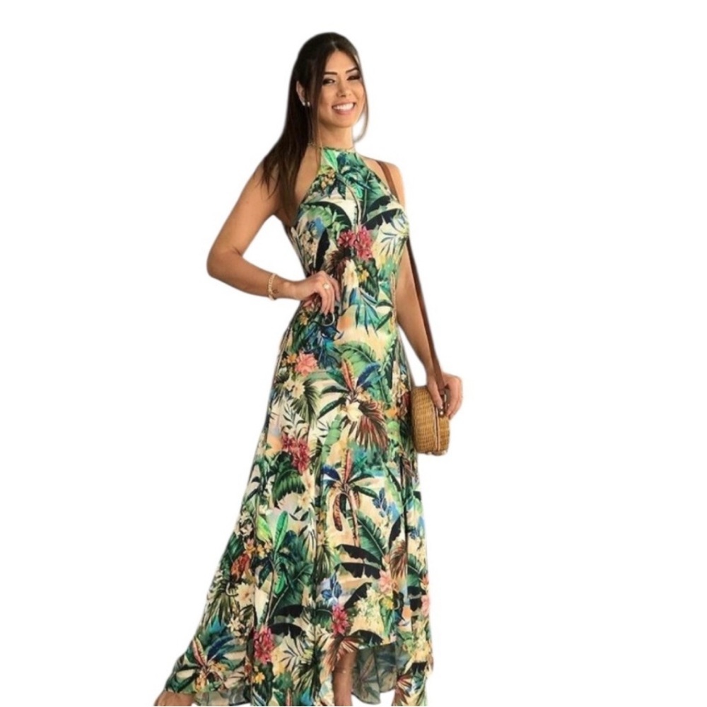 Farm Rio halter green jungle foliage print S